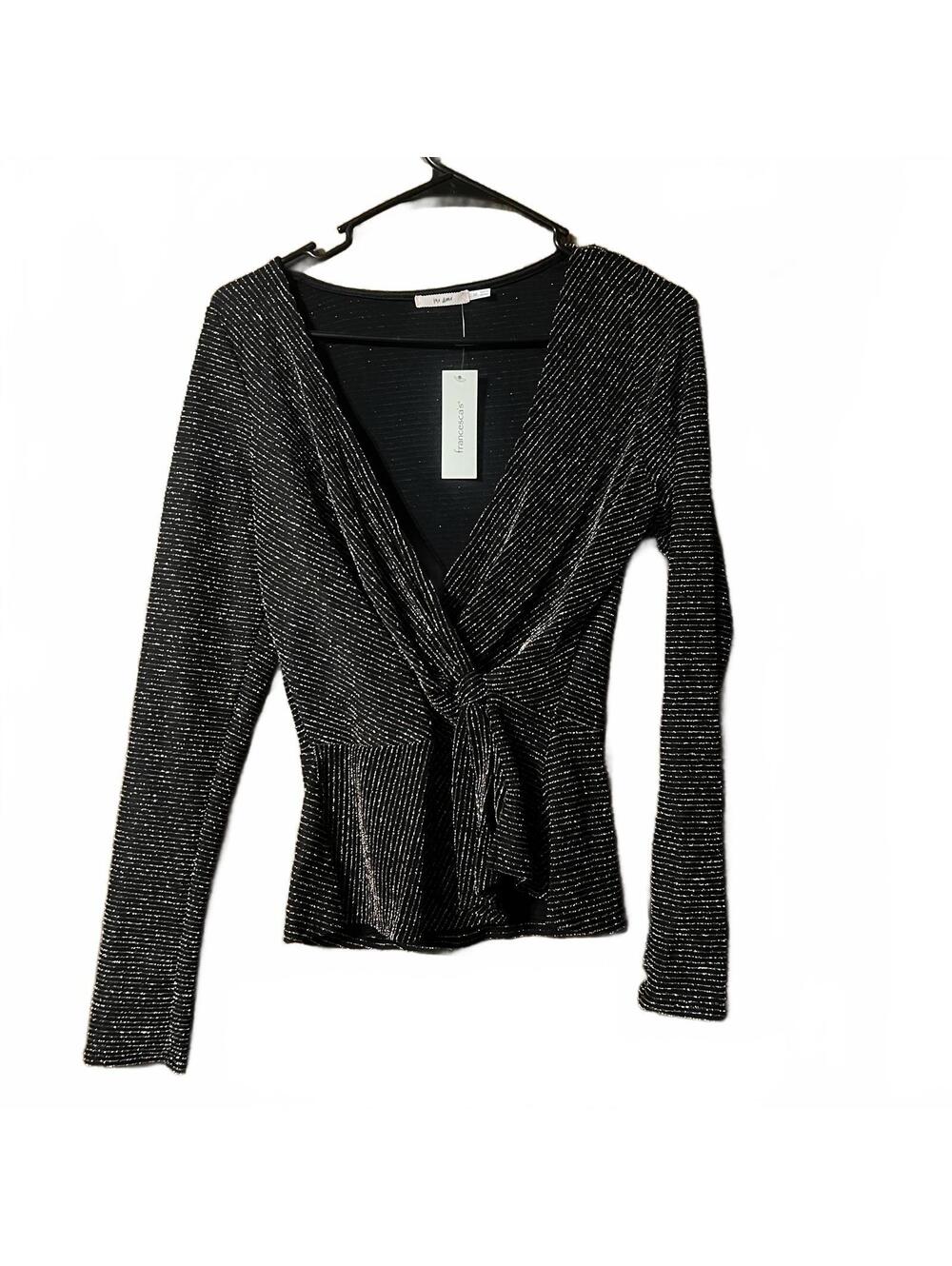 Francesca's Black Sparkle Wrap Top with Tie Waist - Medium